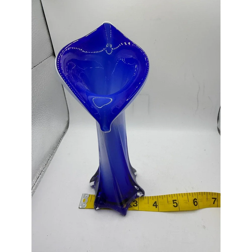 Cobalt Blue Art Glass Calla Lily Vase Hand Blown Twisted Stem 8.5 Inch Decor